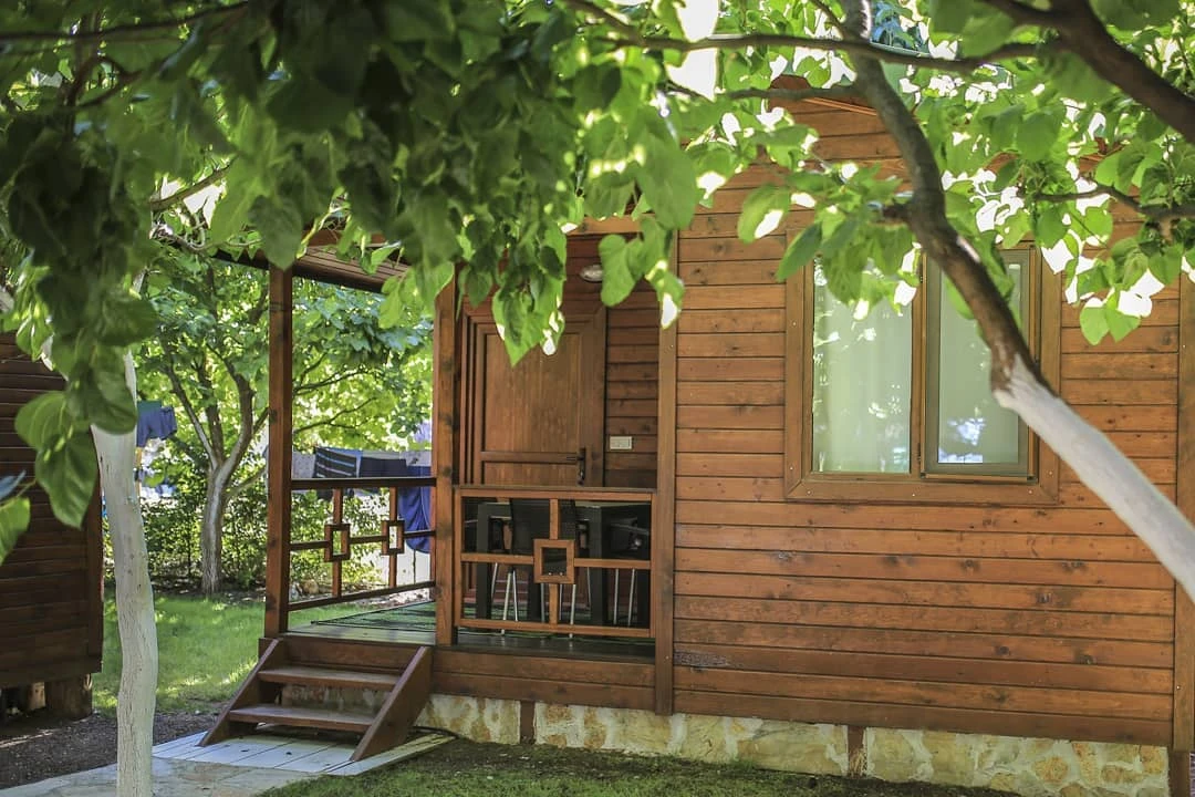 Ahşap bungalov, yeşil ağaçlar