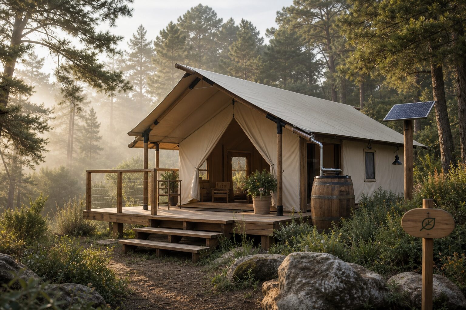 Sürdürülebilir kamp tesisi örneği — güneş paneli, yağmur suyu varili ve doğa ile uyumlu glamping çadırı